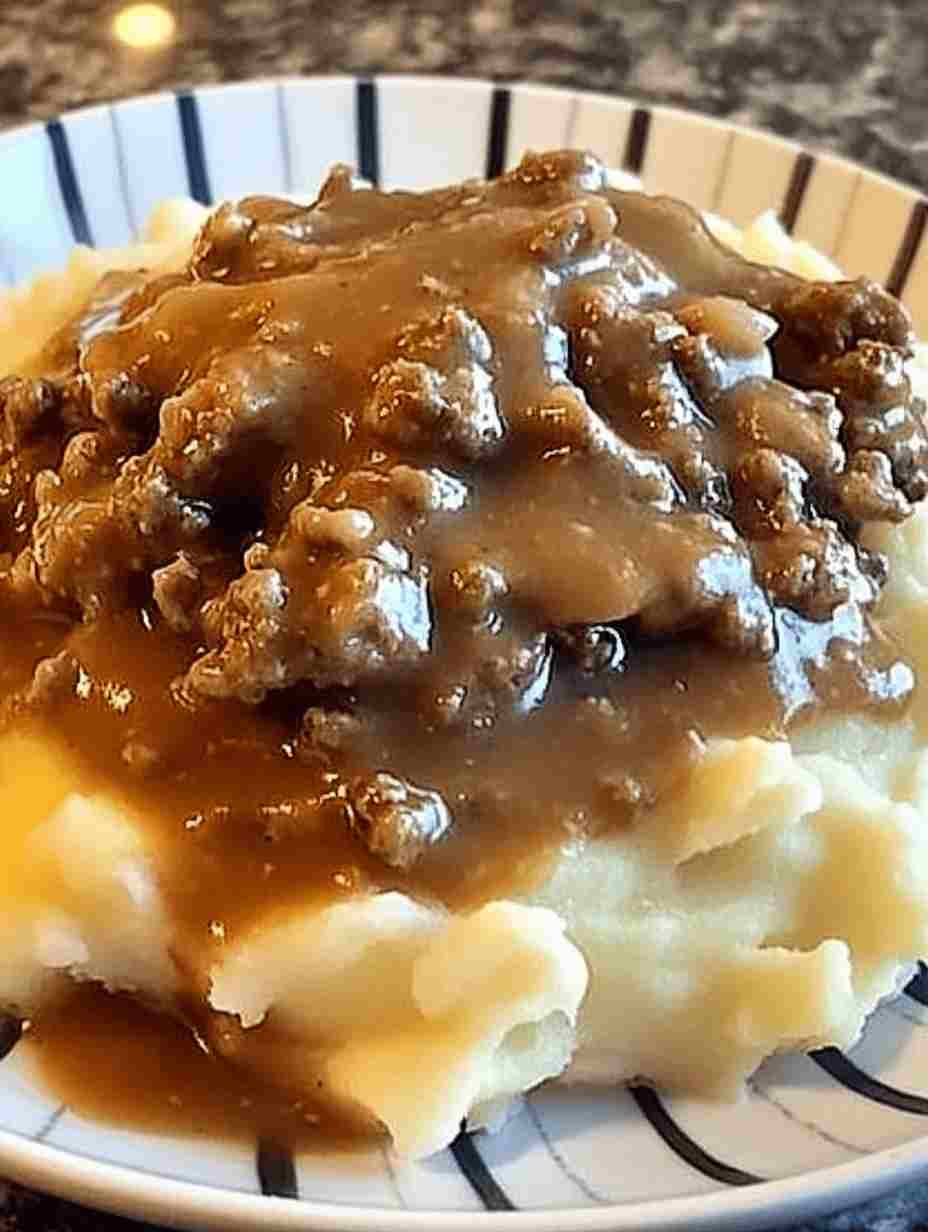 Ground Beef and Gravy Over Mashed Potatoes Comfort Food Dinner