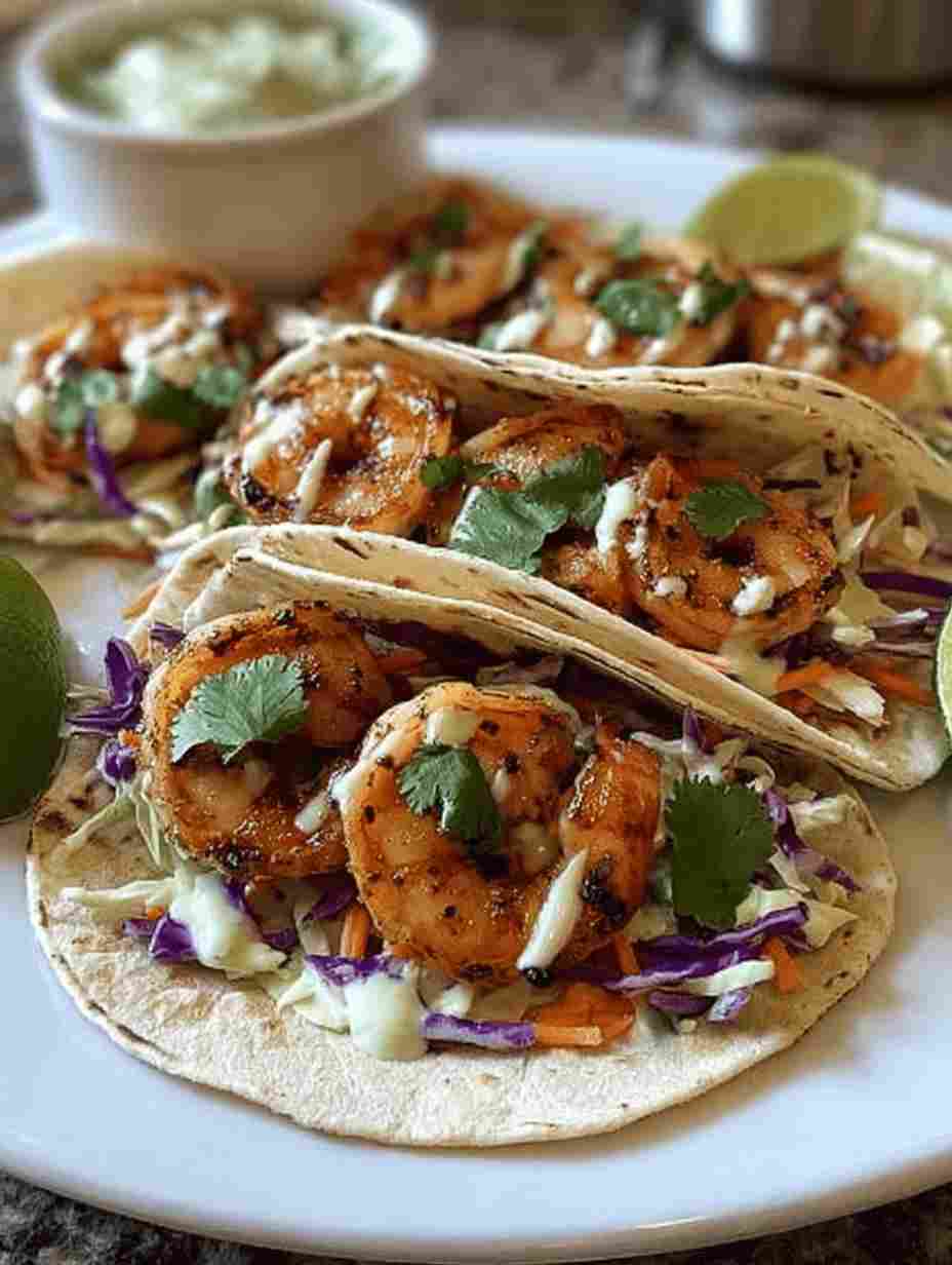 Shrimp Tacos with Slaw and Cilantro Lime Crema